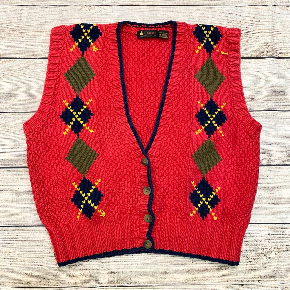 Vintage 90s Liz Sport Hand Knit Chunky Red Plaid sweater vest retro womens Large